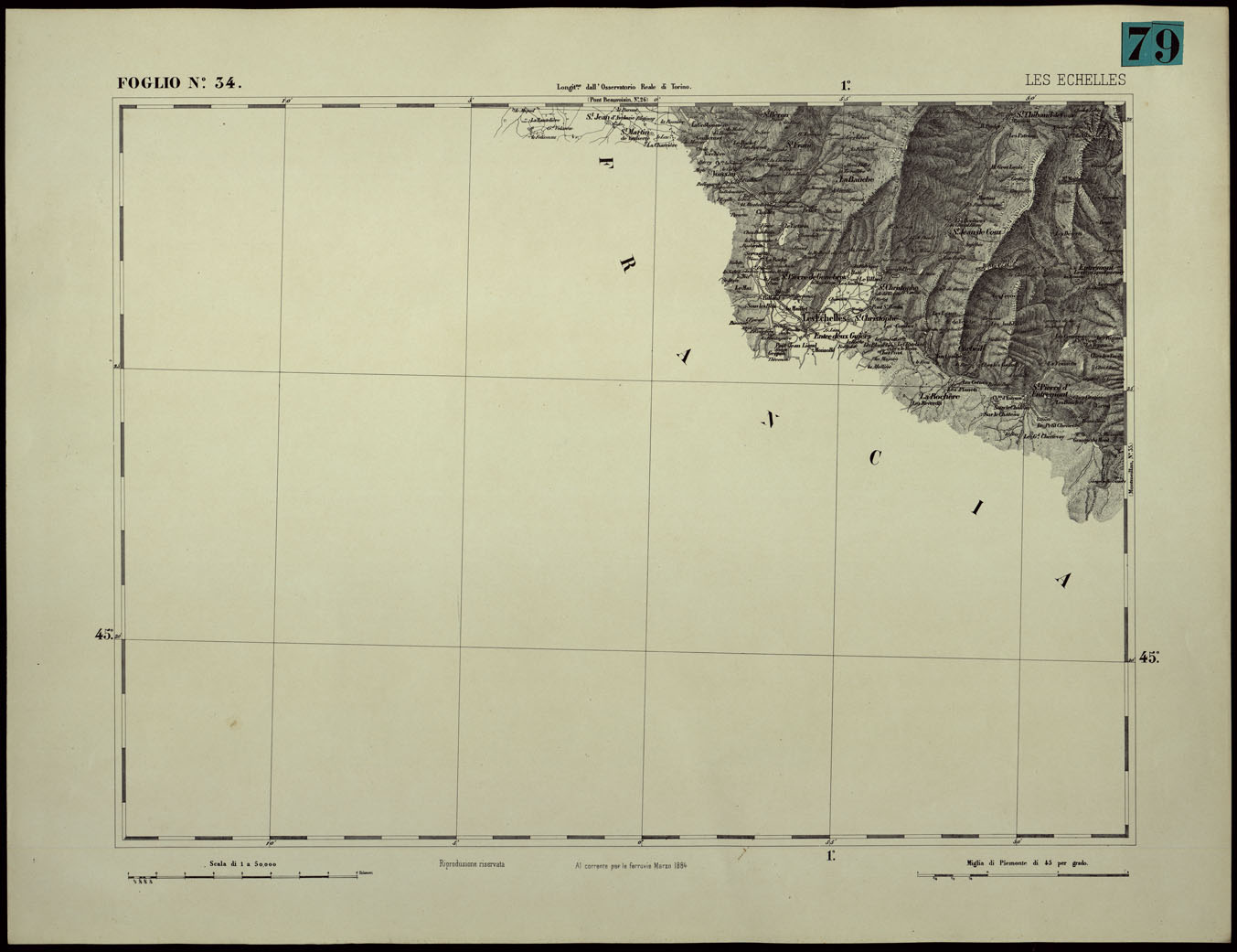 (N:24365) CARTA TOPOGRAFICA DEGLI STATI IN TERRAFERMA DI S.M. IL RE DI SARDEGNA ALLA SCALA DI 1.A 50.000. OPERA DEL CORPO REALE DELLO STATO MAGGIORE - FOGLIO N.34.  LES ECHELLES (CA003914) Carte e stampe antiche: riproduzione a colori su carta (formato A1)
