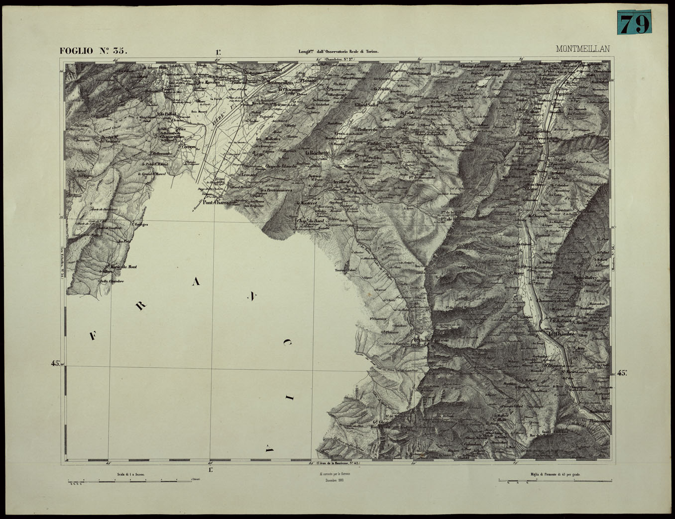 (N:24366) CARTA TOPOGRAFICA DEGLI STATI IN TERRAFERMA DI S.M. IL RE DI SARDEGNA ALLA SCALA DI 1.A 50.000. OPERA DEL CORPO REALE DELLO STATO MAGGIORE - FOGLIO N.35.  MONTMEILLAN (CA003915) Carte e stampe antiche: riproduzione a colori su carta (formato A1)