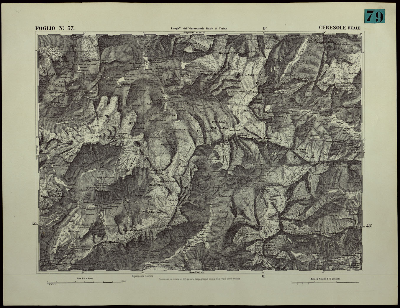 (N:24368) CARTA TOPOGRAFICA DEGLI STATI IN TERRAFERMA DI S.M. IL RE DI SARDEGNA ALLA SCALA DI 1.A 50.000. OPERA DEL CORPO REALE DELLO STATO MAGGIORE - FOGLIO N.37.  CERESOLE REALE (CA003917) Carte e stampe antiche: riproduzione a colori su carta (formato A1)