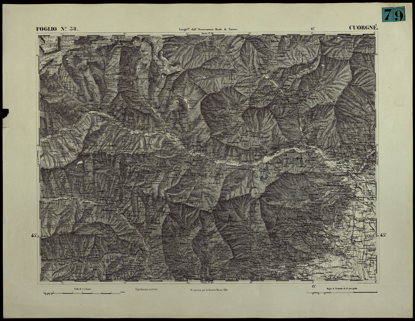 (N:24369) CARTA TOPOGRAFICA DEGLI STATI IN TERRAFERMA DI S.M. IL RE DI SARDEGNA ALLA SCALA DI 1.A 50.000. OPERA DEL CORPO REALE DELLO STATO MAGGIORE - FOGLIO N.38. CUORGNE' (CA003918) Carte e stampe antiche: riproduzione a colori su carta (formato A1)