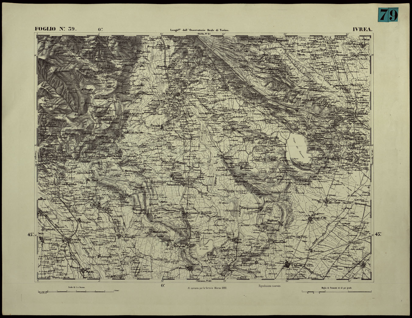 (N:24370) CARTA TOPOGRAFICA DEGLI STATI IN TERRAFERMA DI S.M. IL RE DI SARDEGNA ALLA SCALA DI 1.A 50.000. OPERA DEL CORPO REALE DELLO STATO MAGGIORE - FOGLIO N.39. IVREA (CA003919) Carte e stampe antiche: riproduzione a colori su carta (formato A1)
