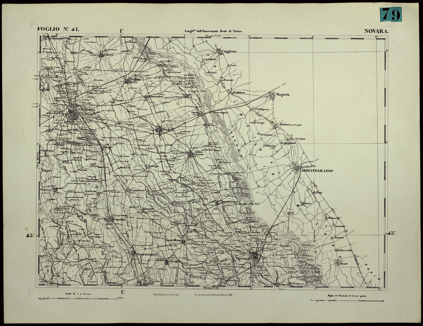(N:24372) CARTA TOPOGRAFICA DEGLI STATI IN TERRAFERMA DI S.M. IL RE DI SARDEGNA ALLA SCALA DI 1.A 50.000. OPERA DEL CORPO REALE DELLO STATO MAGGIORE - FOGLIO N.41. NOVARA (CA003921) Carte e stampe antiche: riproduzione a colori su carta (formato A1)