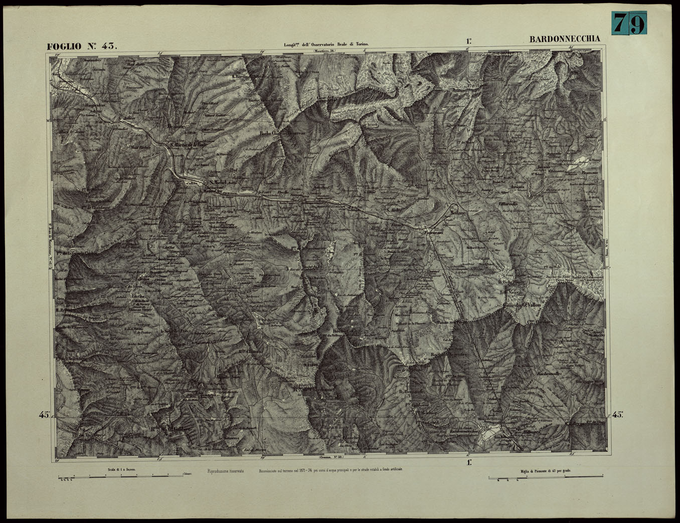 (N:24374) CARTA TOPOGRAFICA DEGLI STATI IN TERRAFERMA DI S.M. IL RE DI SARDEGNA ALLA SCALA DI 1.A 50.000. OPERA DEL CORPO REALE DELLO STATO MAGGIORE - FOGLIO N.43.  BARDONECCHIA (CA003923) Carte e stampe antiche: riproduzione a colori su carta (formato A1)