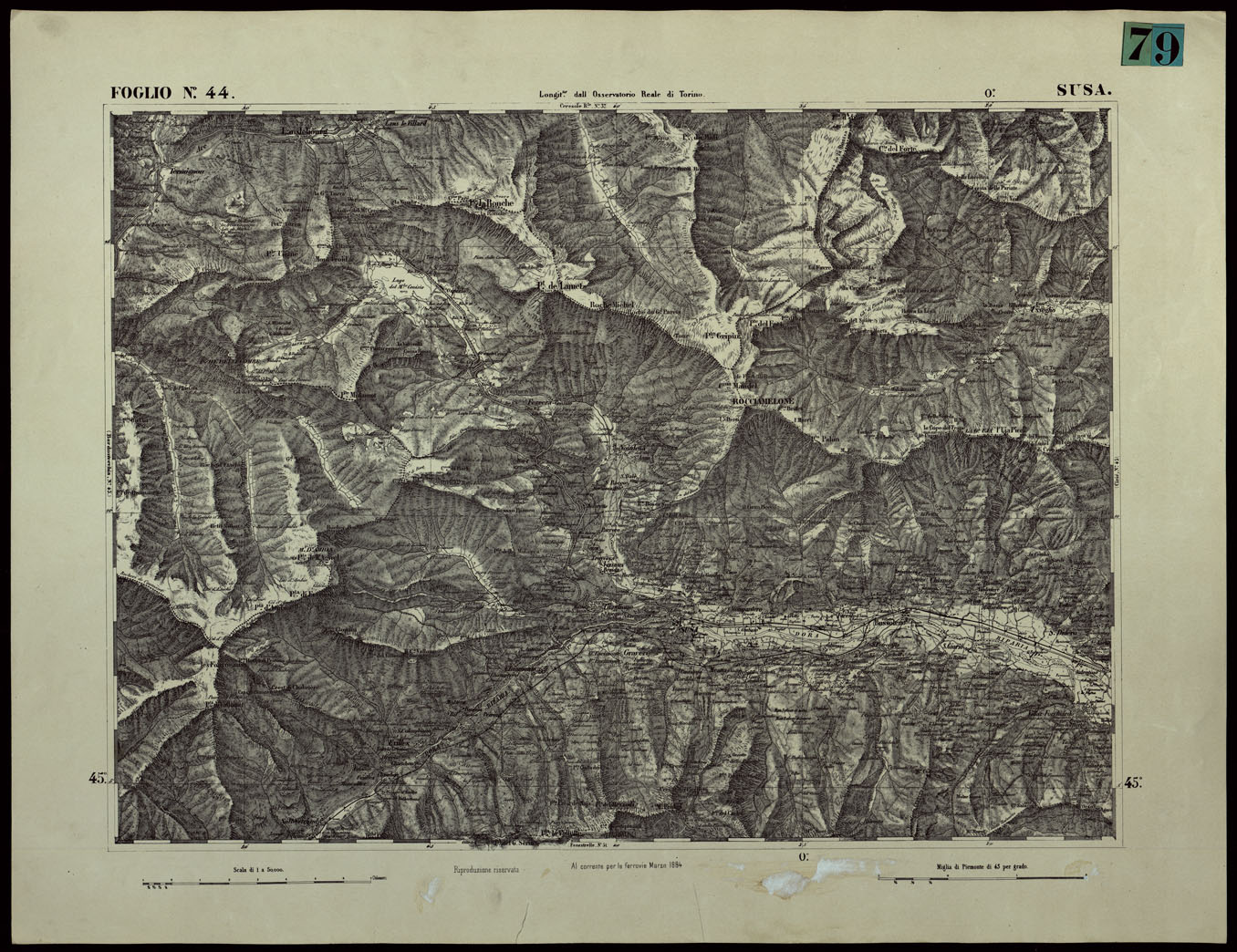 (N:24375) CARTA TOPOGRAFICA DEGLI STATI IN TERRAFERMA DI S.M. IL RE DI SARDEGNA ALLA SCALA DI 1.A 50.000. OPERA DEL CORPO REALE DELLO STATO MAGGIORE - FOGLIO N.44.  SUSA (CA003924) Carte e stampe antiche: riproduzione a colori su carta (formato A1)