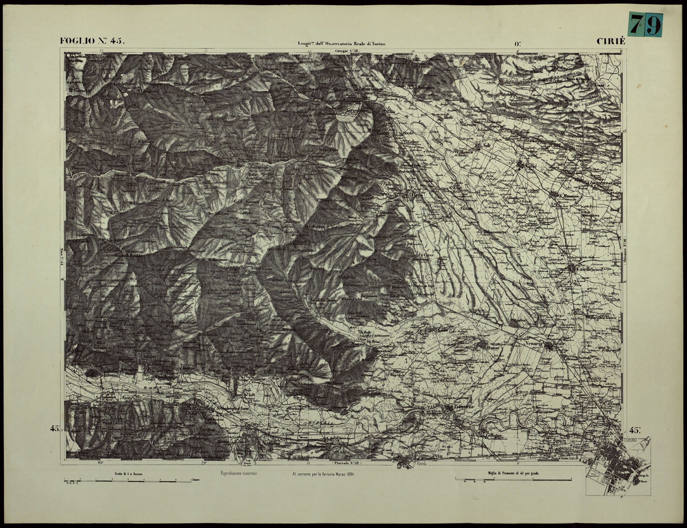 (N:24376) CARTA TOPOGRAFICA DEGLI STATI IN TERRAFERMA DI S.M. IL RE DI SARDEGNA ALLA SCALA DI 1.A 50.000. OPERA DEL CORPO REALE DELLO STATO MAGGIORE - FOGLIO N.45.  CIRIE' (CA003925) Carte e stampe antiche: riproduzione a colori su carta (formato A1)