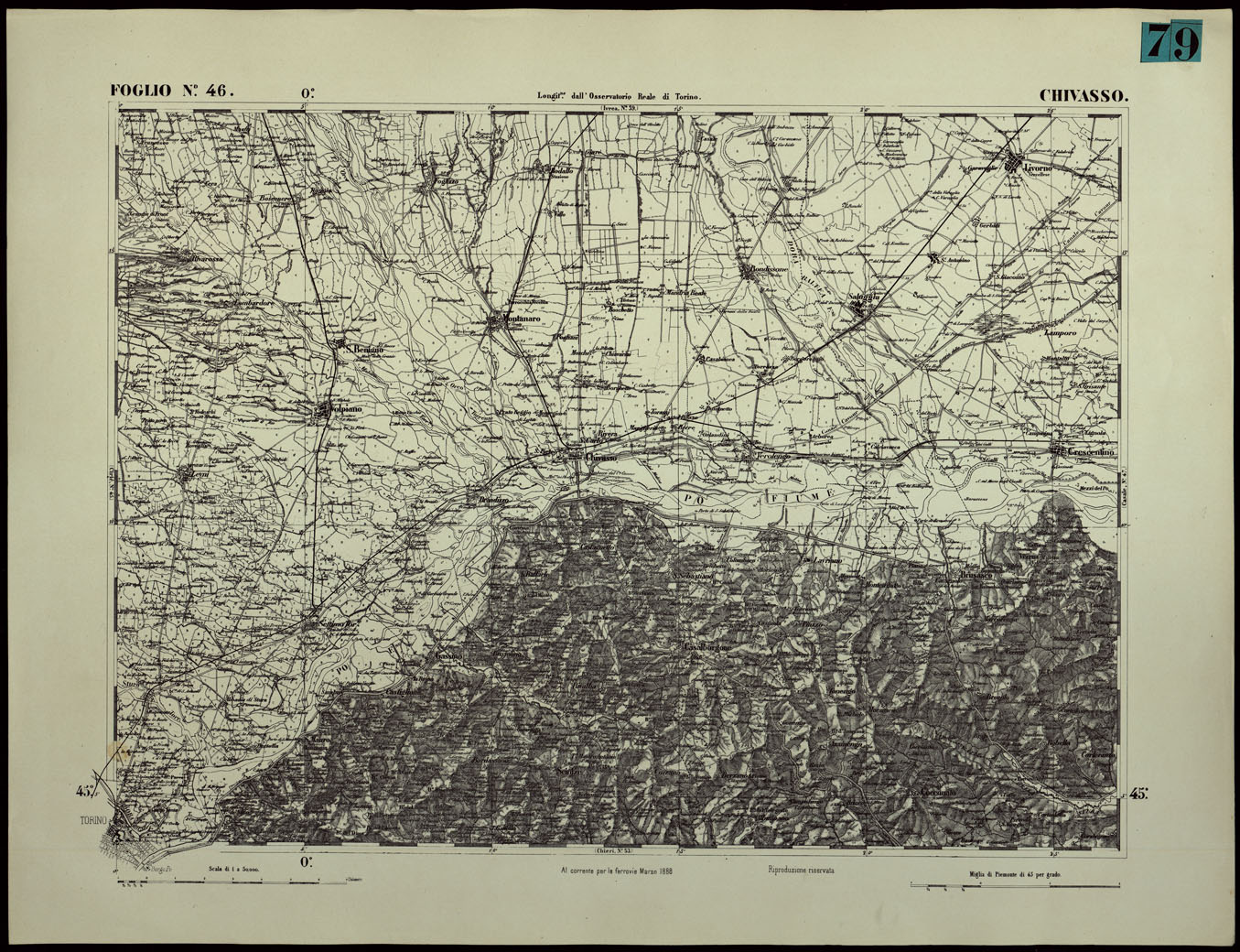(N:24377) CARTA TOPOGRAFICA DEGLI STATI IN TERRAFERMA DI S.M. IL RE DI SARDEGNA ALLA SCALA DI 1.A 50.000. OPERA DEL CORPO REALE DELLO STATO MAGGIORE - FOGLIO N.46. CHIVASSO (CA003926) Carte e stampe antiche: riproduzione a colori su carta (formato A1)