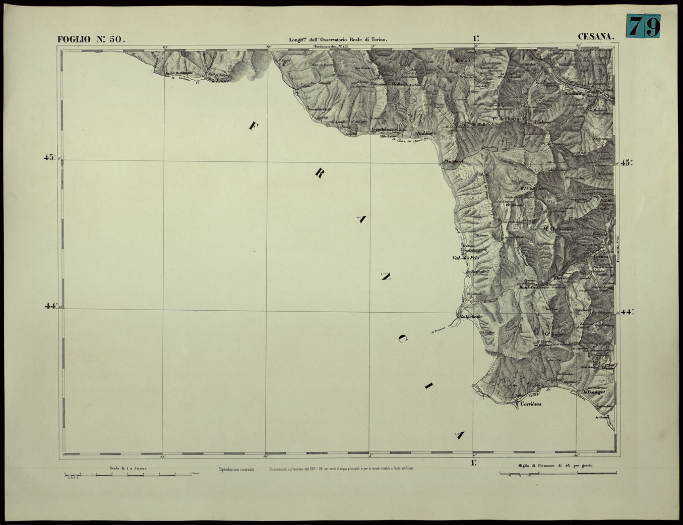 (N:24381) CARTA TOPOGRAFICA DEGLI STATI IN TERRAFERMA DI S.M. IL RE DI SARDEGNA ALLA SCALA DI 1.A 50.000. OPERA DEL CORPO REALE DELLO STATO MAGGIORE - FOGLIO N.50.  CESANA (CA003930) Carte e stampe antiche: riproduzione a colori su carta (formato A1)