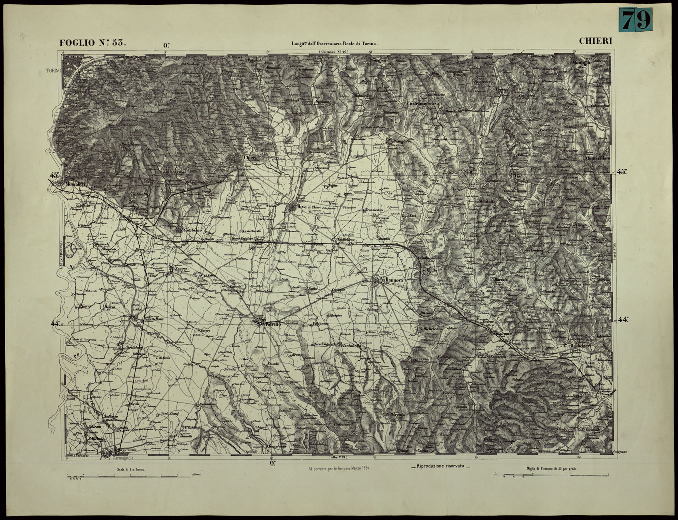 (N:24384) CARTA TOPOGRAFICA DEGLI STATI IN TERRAFERMA DI S.M. IL RE DI SARDEGNA ALLA SCALA DI 1.A 50.000. OPERA DEL CORPO REALE DELLO STATO MAGGIORE - FOGLIO N.53. CHIERI (CA003933) Carte e stampe antiche: riproduzione a colori su carta (formato A1)