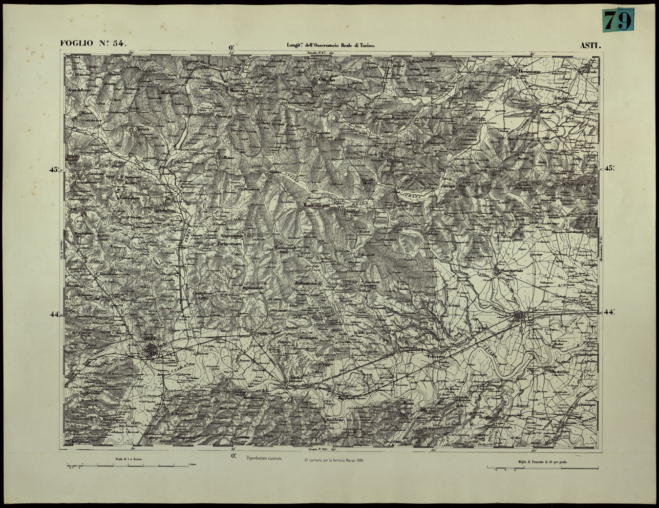 (N:24385) CARTA TOPOGRAFICA DEGLI STATI IN TERRAFERMA DI S.M. IL RE DI SARDEGNA ALLA SCALA DI 1.A 50.000. OPERA DEL CORPO REALE DELLO STATO MAGGIORE - FOGLIO N.54  ASTI (CA003934) Carte e stampe antiche: riproduzione a colori su carta (formato A1)