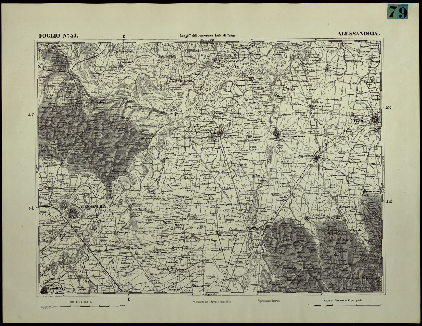 (N:24386) CARTA TOPOGRAFICA DEGLI STATI IN TERRAFERMA DI S.M. IL RE DI SARDEGNA ALLA SCALA DI 1.A 50.000. OPERA DEL CORPO REALE DELLO STATO MAGGIORE - FOGLIO N.55. ALESSANDRIA (CA003935) Carte e stampe antiche: riproduzione a colori su carta (formato A1)