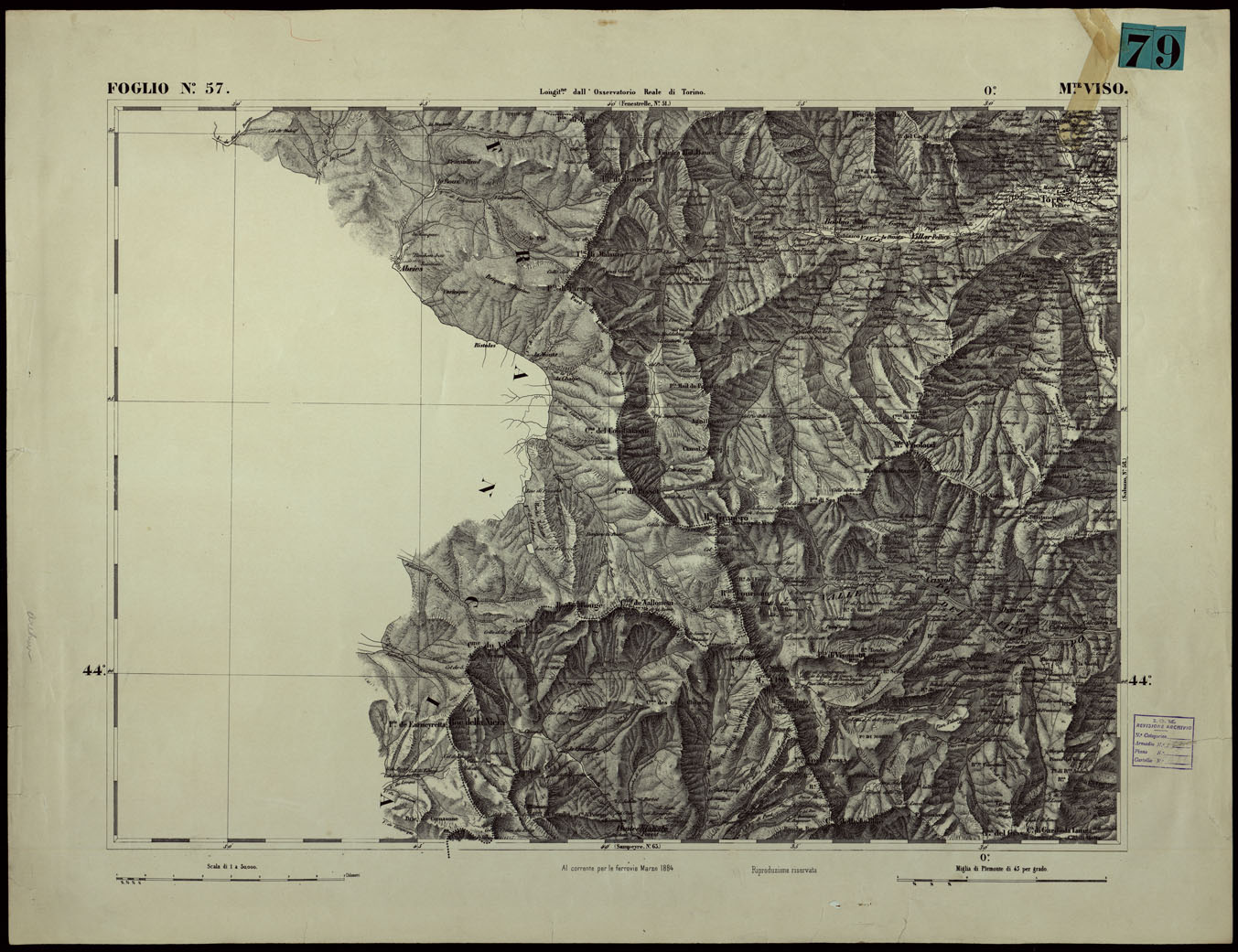 (N:24388) CARTA TOPOGRAFICA DEGLI STATI IN TERRAFERMA DI S.M. IL RE DI SARDEGNA ALLA SCALA DI 1.A 50.000. OPERA DEL CORPO REALE DELLO STATO MAGGIORE - FOGLIO N.57.  MONTE VISO (CA003937) Carte e stampe antiche: riproduzione a colori su carta (formato A1)