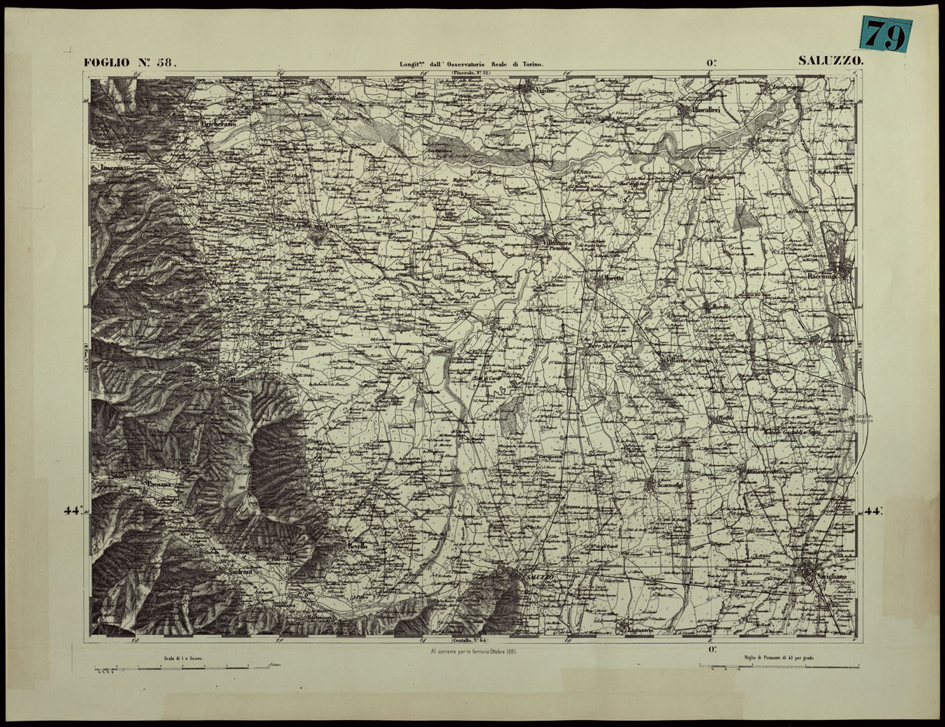 (N:24389) CARTA TOPOGRAFICA DEGLI STATI IN TERRAFERMA DI S.M. IL RE DI SARDEGNA ALLA SCALA DI 1.A 50.000. OPERA DEL CORPO REALE DELLO STATO MAGGIORE - FOGLIO N.58. SALUZZO (CA003938) Carte e stampe antiche: riproduzione a colori su carta (formato A1)