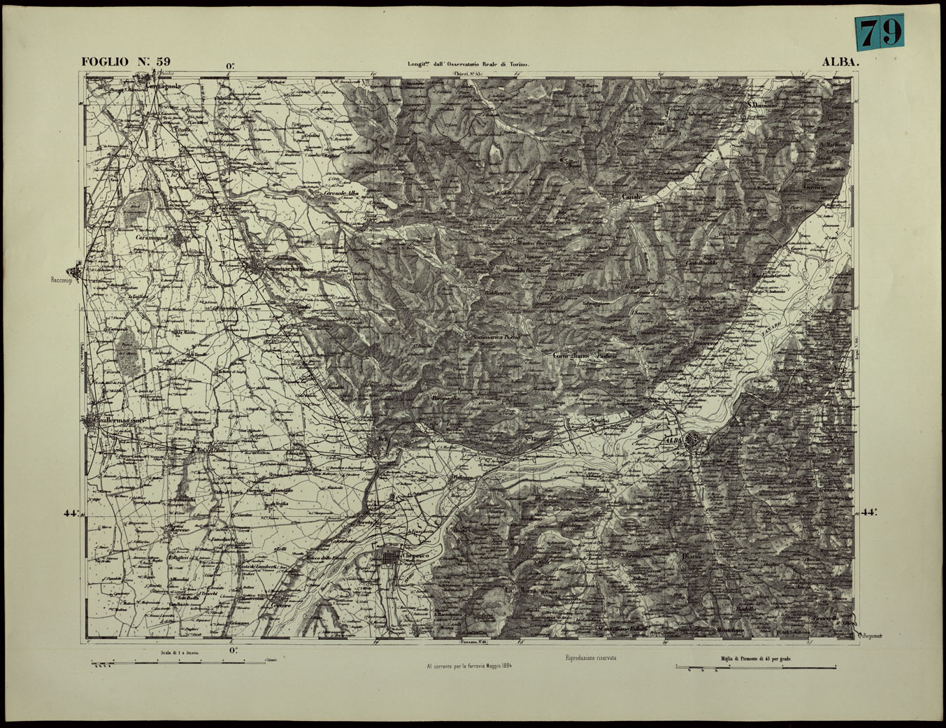(N:24390) CARTA TOPOGRAFICA DEGLI STATI IN TERRAFERMA DI S.M. IL RE DI SARDEGNA ALLA SCALA DI 1.A 50.000. OPERA DEL CORPO REALE DELLO STATO MAGGIORE - FOGLIO N.59.  ALBA (CA003939) Carte e stampe antiche: riproduzione a colori su carta (formato A1)