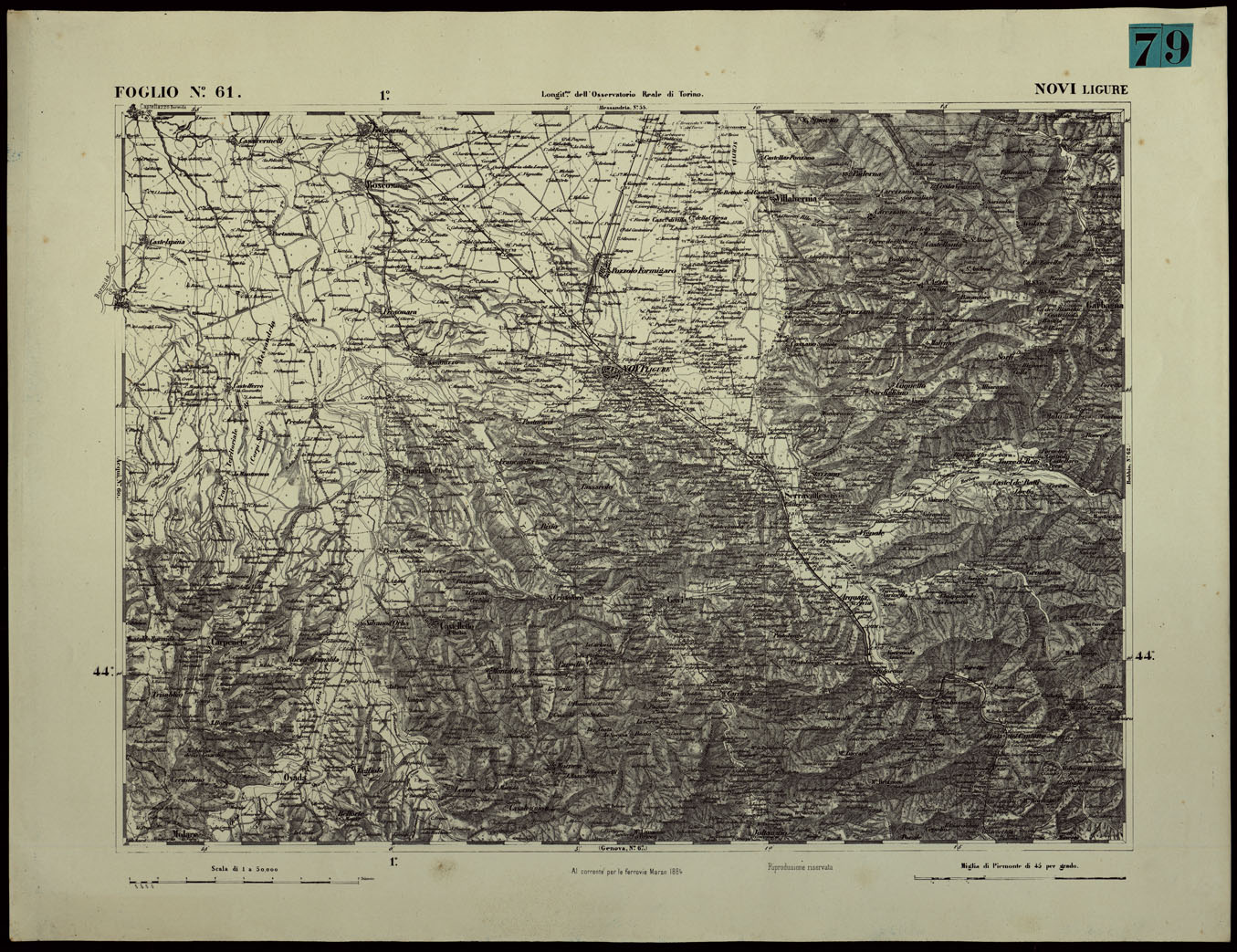 (N:24392) CARTA TOPOGRAFICA DEGLI STATI IN TERRAFERMA DI S.M. IL RE DI SARDEGNA ALLA SCALA DI 1.A 50.000. OPERA DEL CORPO REALE DELLO STATO MAGGIORE - FOGLIO N.61. NOVI LIGURE (CA003941) Carte e stampe antiche: riproduzione a colori su carta (formato A1)