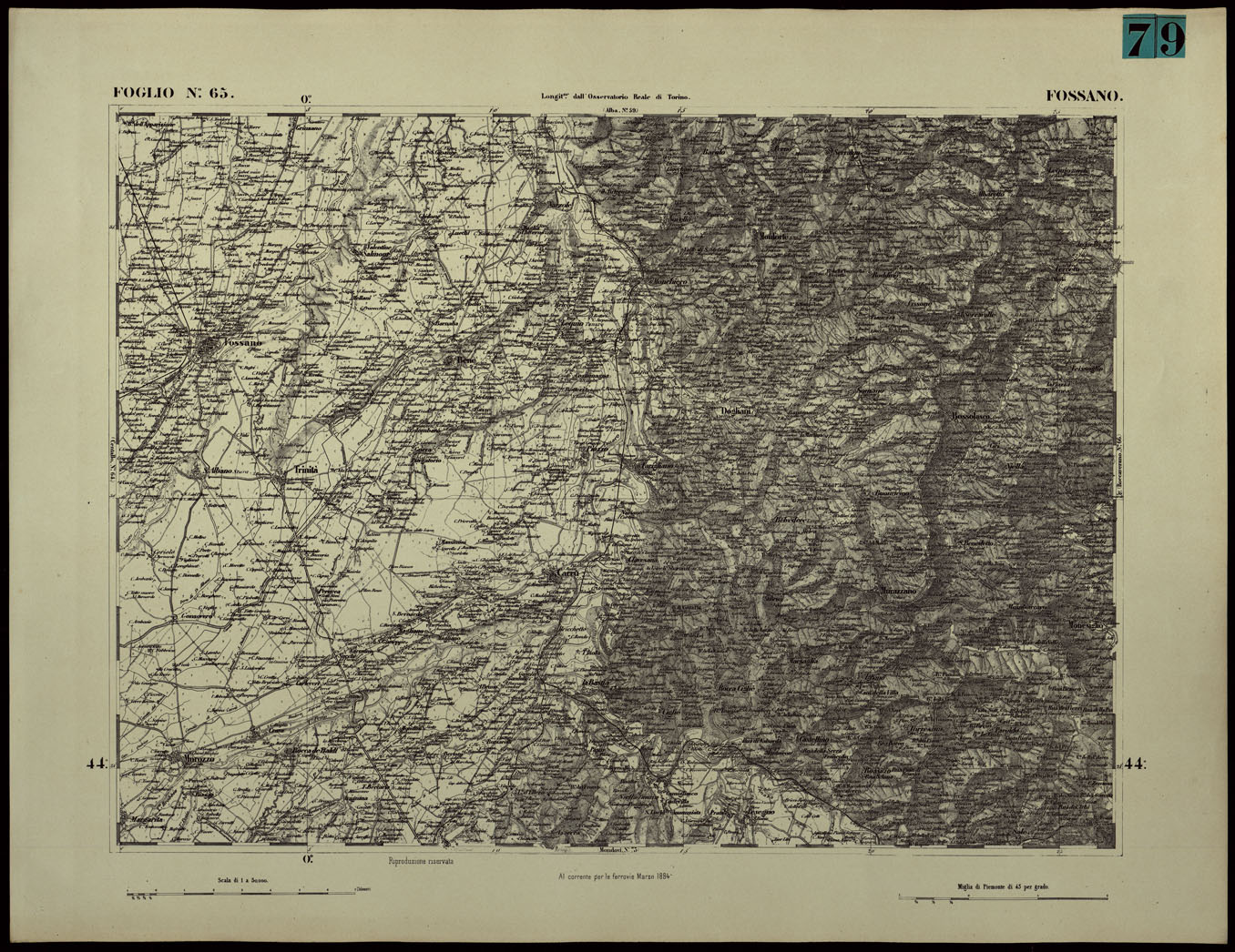 (N:24396) CARTA TOPOGRAFICA DEGLI STATI IN TERRAFERMA DI S.M. IL RE DI SARDEGNA ALLA SCALA DI 1.A 50.000. OPERA DEL CORPO REALE DELLO STATO MAGGIORE - FOGLIO N.65. FOSSANO (CA003945) Carte e stampe antiche: riproduzione a colori su carta (formato A1)
