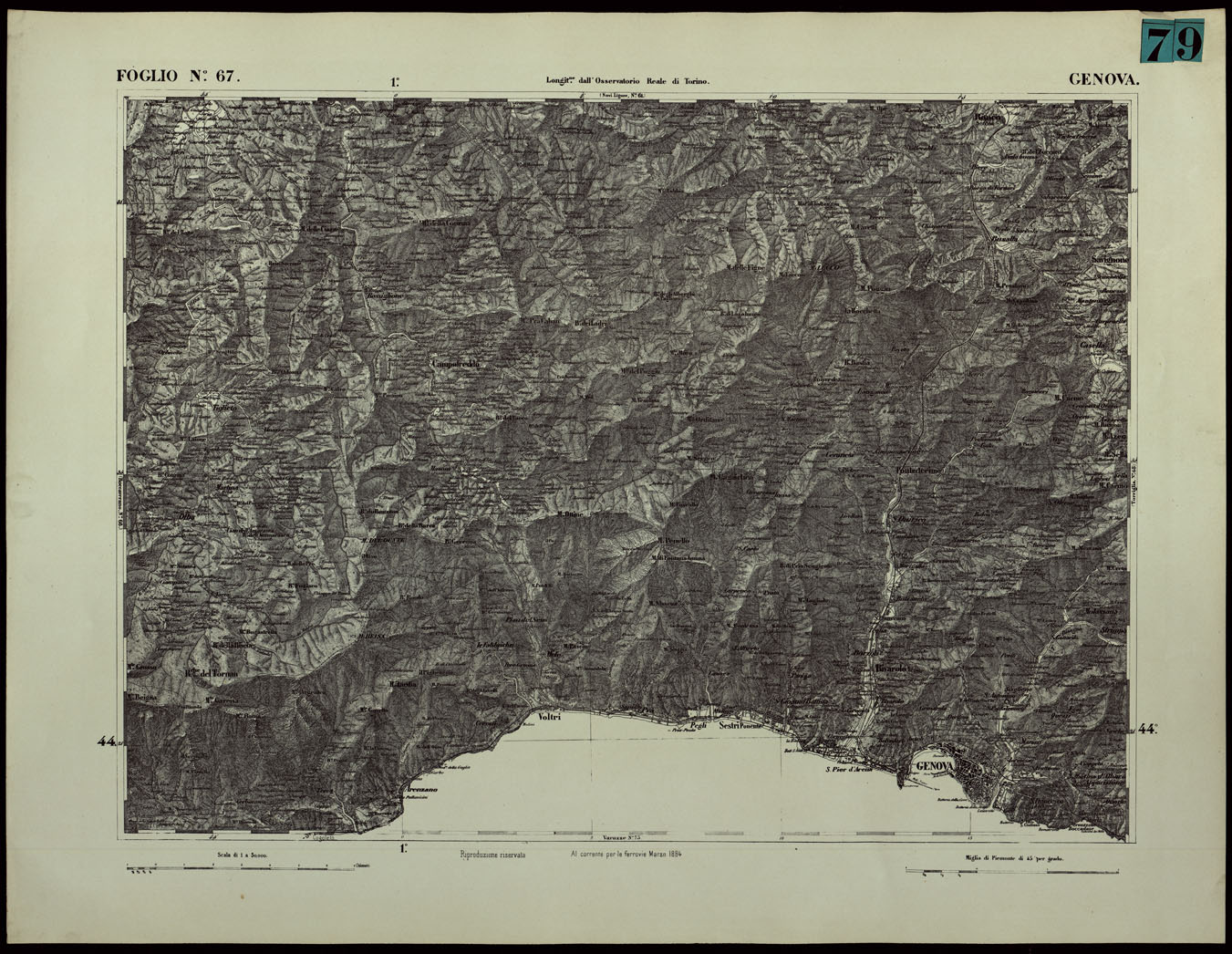 (N:24398) CARTA TOPOGRAFICA DEGLI STATI IN TERRAFERMA DI S.M. IL RE DI SARDEGNA ALLA SCALA DI 1.A 50.000. OPERA DEL CORPO REALE DELLO STATO MAGGIORE - FOGLIO N.67. GENOVA (CA003947) Carte e stampe antiche: riproduzione a colori su carta (formato A1)