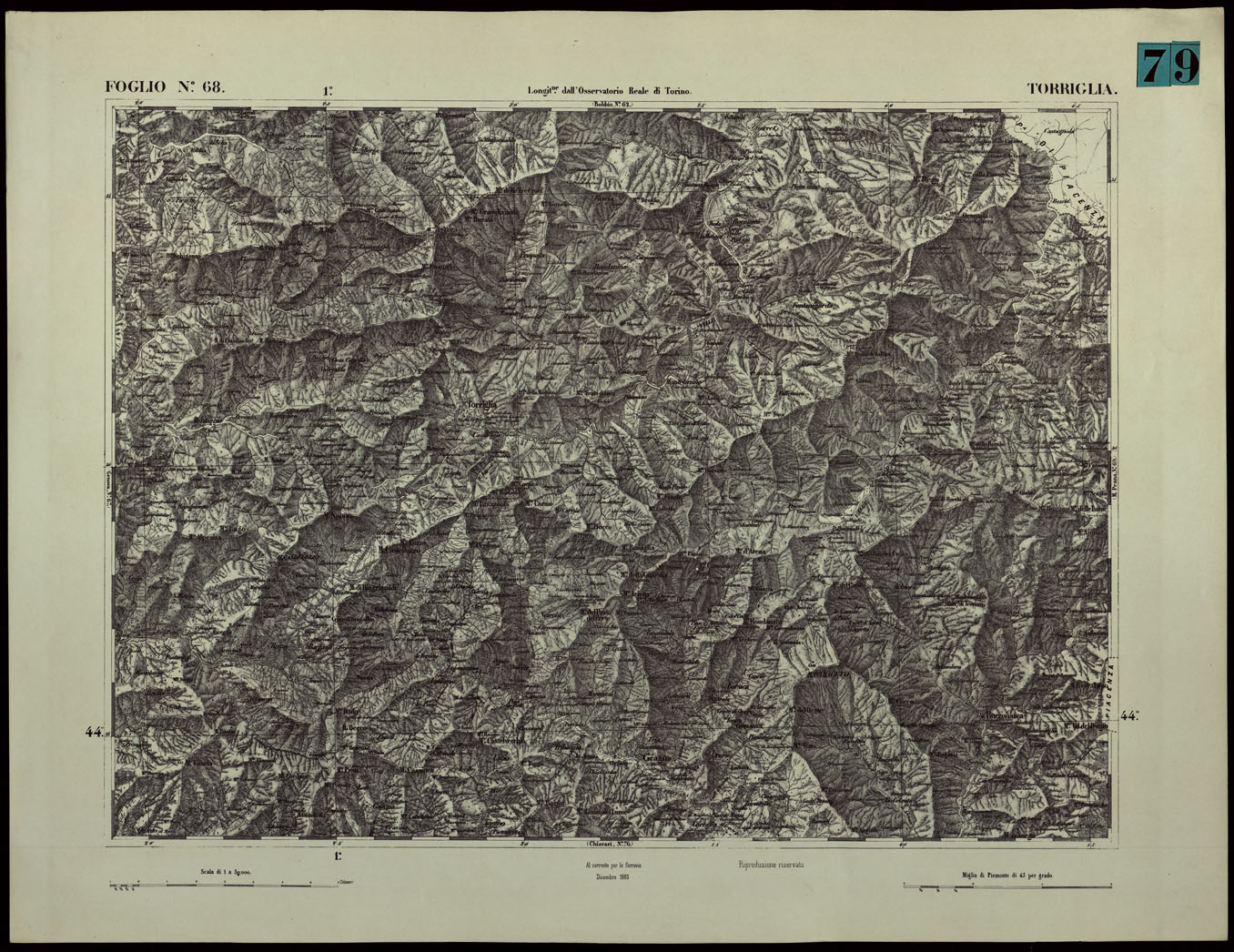 (N:24399) CARTA TOPOGRAFICA DEGLI STATI IN TERRAFERMA DI S.M. IL RE DI SARDEGNA ALLA SCALA DI 1.A 50.000. OPERA DEL CORPO REALE DELLO STATO MAGGIORE - FOGLIO N.68. TORRIGLIA (CA003948) Carte e stampe antiche: riproduzione a colori su carta (formato A1)