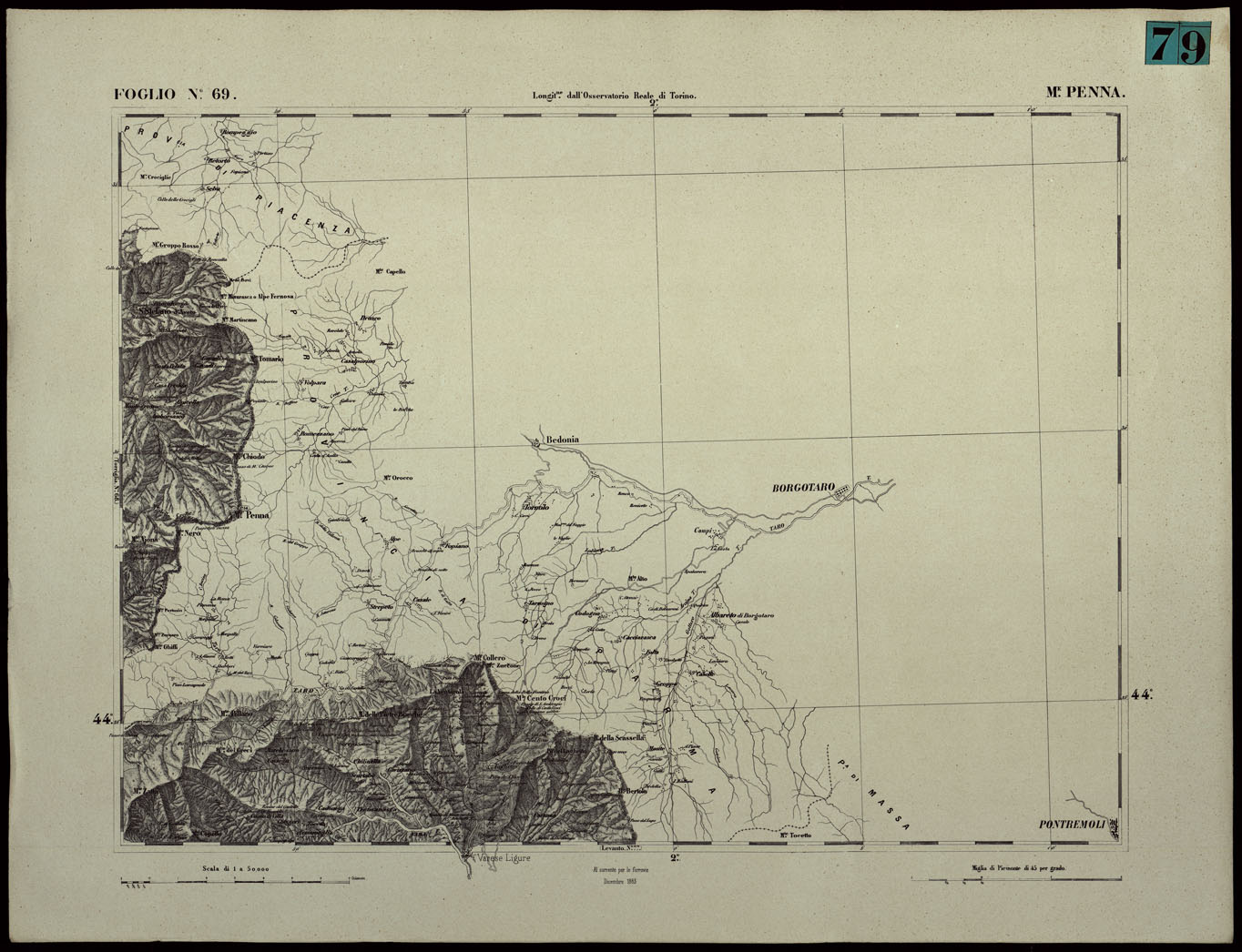 (N:24400) CARTA TOPOGRAFICA DEGLI STATI IN TERRAFERMA DI S.M. IL RE DI SARDEGNA ALLA SCALA DI 1.A 50.000. OPERA DEL CORPO REALE DELLO STATO MAGGIORE - FOGLIO N.69.  MONTE PENNA (CA003949) Carte e stampe antiche: riproduzione a colori su carta (formato A1)