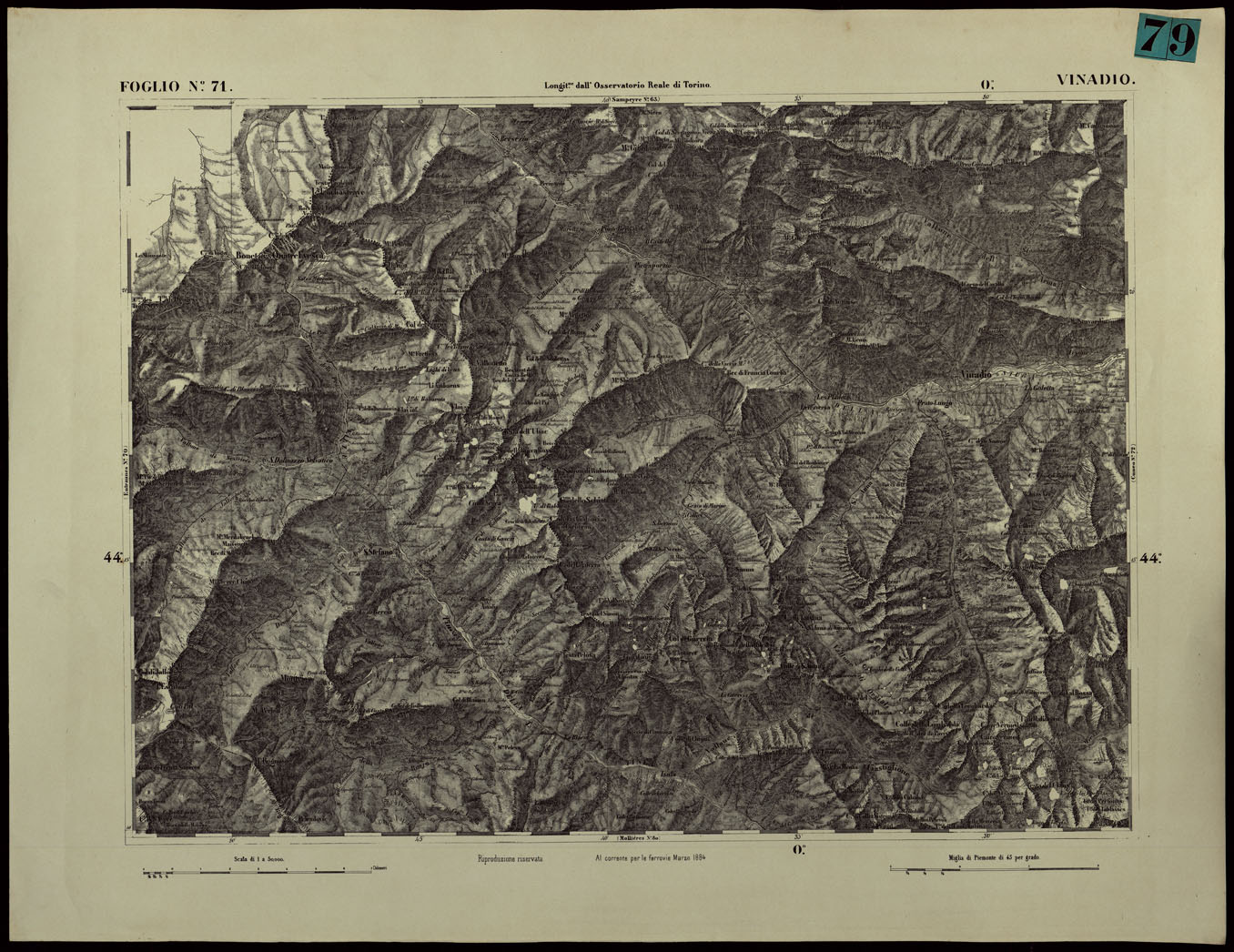 (N:24402) CARTA TOPOGRAFICA DEGLI STATI IN TERRAFERMA DI S.M. IL RE DI SARDEGNA ALLA SCALA DI 1.A 50.000. OPERA DEL CORPO REALE DELLO STATO MAGGIORE - FOGLIO N.71. VINADIO (CA003951) Carte e stampe antiche: riproduzione a colori su carta (formato A1)