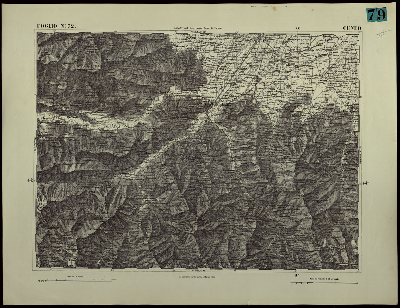 (N:24403) CARTA TOPOGRAFICA DEGLI STATI IN TERRAFERMA DI S.M. IL RE DI SARDEGNA ALLA SCALA DI 1.A 50.000. OPERA DEL CORPO REALE DELLO STATO MAGGIORE - FOGLIO N.72.  CUNEO (CA003952) Carte e stampe antiche: riproduzione a colori su carta (formato A1)