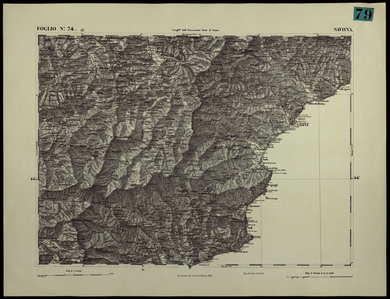 (N:24405) CARTA TOPOGRAFICA DEGLI STATI IN TERRAFERMA DI S.M. IL RE DI SARDEGNA ALLA SCALA DI 1.A 50.000. OPERA DEL CORPO REALE DELLO STATO MAGGIORE - FOGLIO N.74. SAVONA (CA003954) Carte e stampe antiche: riproduzione a colori su carta (formato A1)