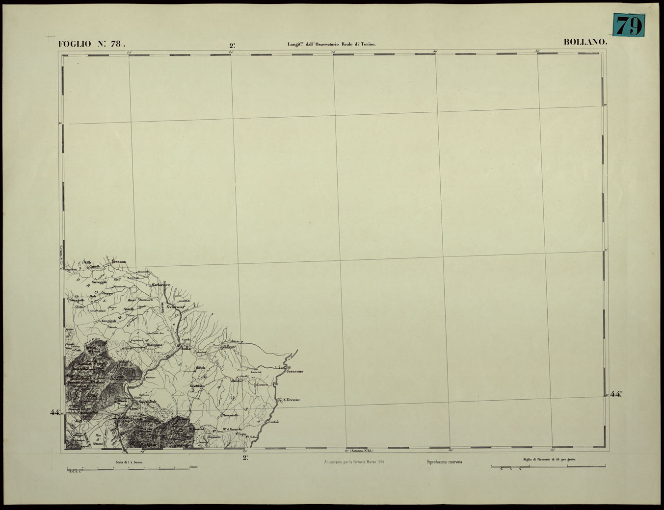 (N:24409) CARTA TOPOGRAFICA DEGLI STATI IN TERRAFERMA DI S.M. IL RE DI SARDEGNA ALLA SCALA DI 1.A 50.000. OPERA DEL CORPO REALE DELLO STATO MAGGIORE - FOGLIO N.78. BOLLANO (CA003958) Carte e stampe antiche: riproduzione a colori su carta (formato A1)