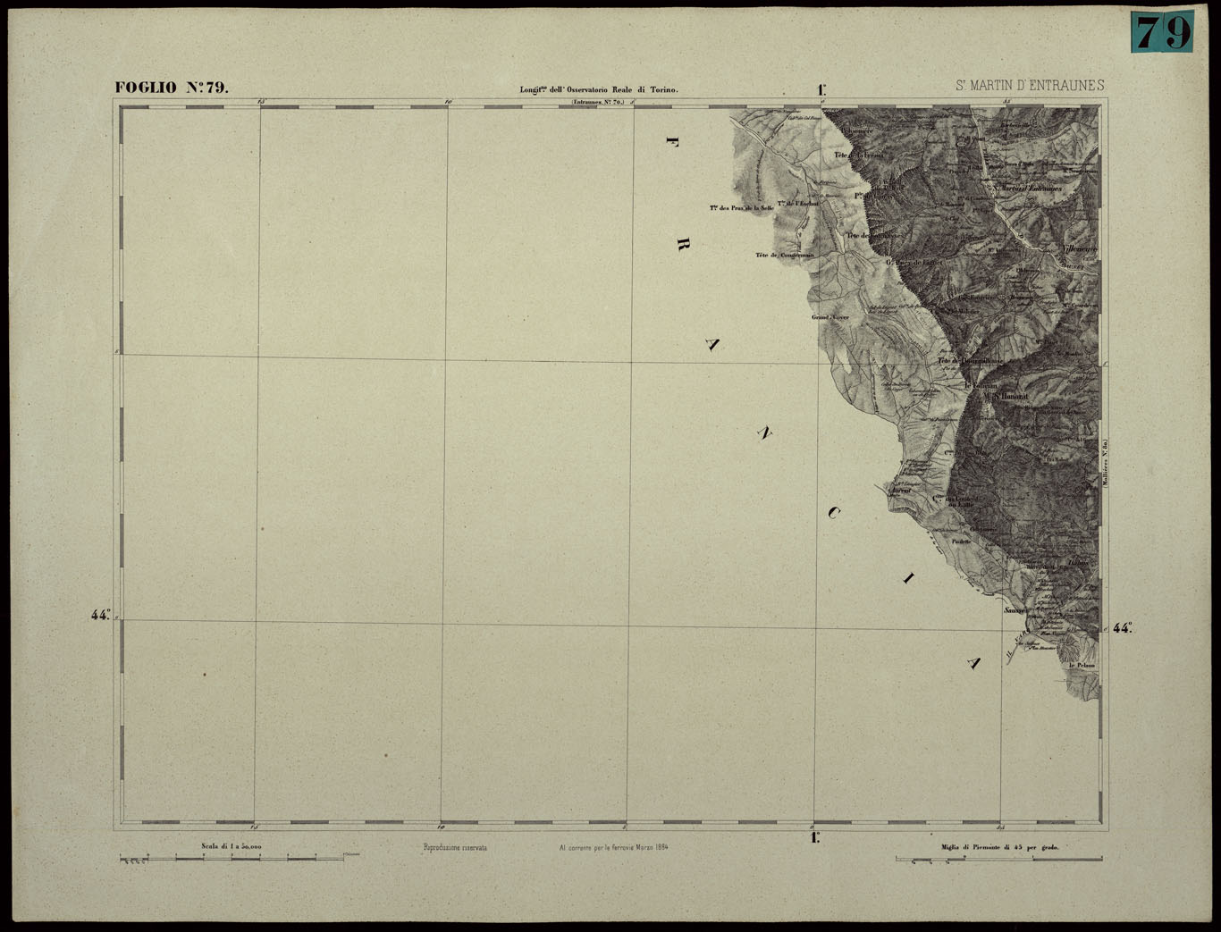 (N:24410) CARTA TOPOGRAFICA DEGLI STATI IN TERRAFERMA DI S.M. IL RE DI SARDEGNA ALLA SCALA DI 1.A 50.000. OPERA DEL CORPO REALE DELLO STATO MAGGIORE - FOGLIO N.79. SAN MARTIN D'ENTRAUNES (CA003959) Carte e stampe antiche: riproduzione a colori su carta (formato A1)