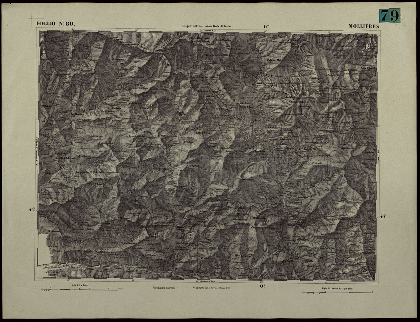 (N:24411) CARTA TOPOGRAFICA DEGLI STATI IN TERRAFERMA DI S.M. IL RE DI SARDEGNA ALLA SCALA DI 1.A 50.000. OPERA DEL CORPO REALE DELLO STATO MAGGIORE - FOGLIO N.80. MOLLIERES (CA003960) Carte e stampe antiche: riproduzione a colori su carta (formato A1)