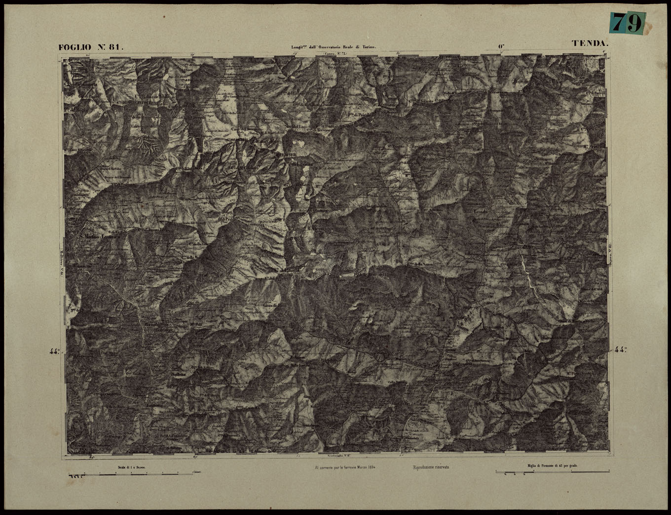 (N:24412) CARTA TOPOGRAFICA DEGLI STATI IN TERRAFERMA DI S.M. IL RE DI SARDEGNA ALLA SCALA DI 1.A 50.000. OPERA DEL CORPO REALE DELLO STATO MAGGIORE - FOGLIO N.81.TENDA (CA003961) Carte e stampe antiche: riproduzione a colori su carta (formato A1)
