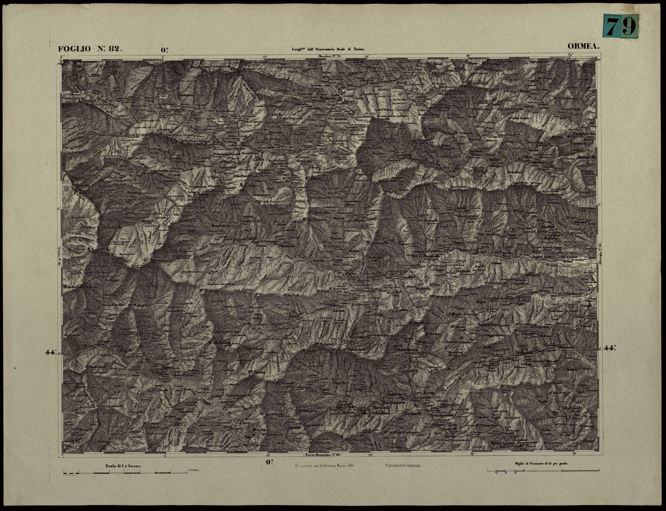 (N:24413) CARTA TOPOGRAFICA DEGLI STATI IN TERRAFERMA DI S.M. IL RE DI SARDEGNA ALLA SCALA DI 1.A 50.000. OPERA DEL CORPO REALE DELLO STATO MAGGIORE - FOGLIO N.82. ORMEA (CA003962) Carte e stampe antiche: riproduzione a colori su carta (formato A1)