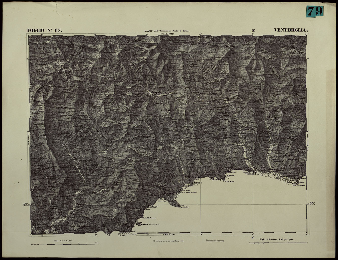 (N:24418) CARTA TOPOGRAFICA DEGLI STATI IN TERRAFERMA DI S.M. IL RE DI SARDEGNA ALLA SCALA DI 1.A 50.000. OPERA DEL CORPO REALE DELLO STATO MAGGIORE - FOGLIO N.87. VENTIMIGLIA (CA003967) Carte e stampe antiche: riproduzione a colori su carta (formato A1)