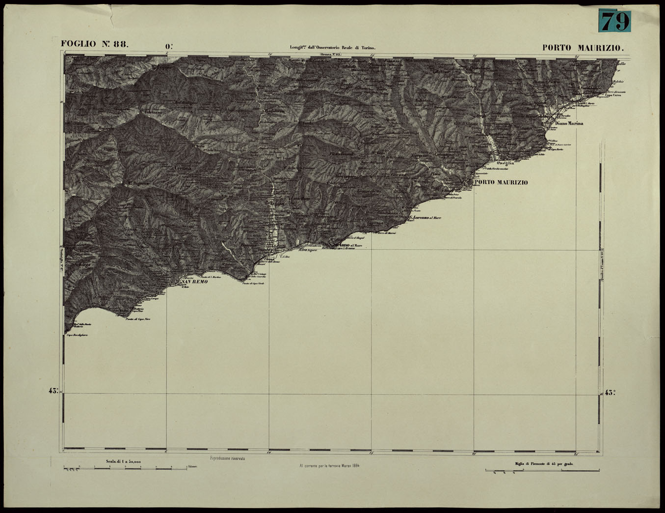 (N:24419) CARTA TOPOGRAFICA DEGLI STATI IN TERRAFERMA DI S.M. IL RE DI SARDEGNA ALLA SCALA DI 1.A 50.000. OPERA DEL CORPO REALE DELLO STATO MAGGIORE - FOGLIO N.88. PORTO MAURIZIO (CA003968) Carte e stampe antiche: riproduzione a colori su carta (formato A1)