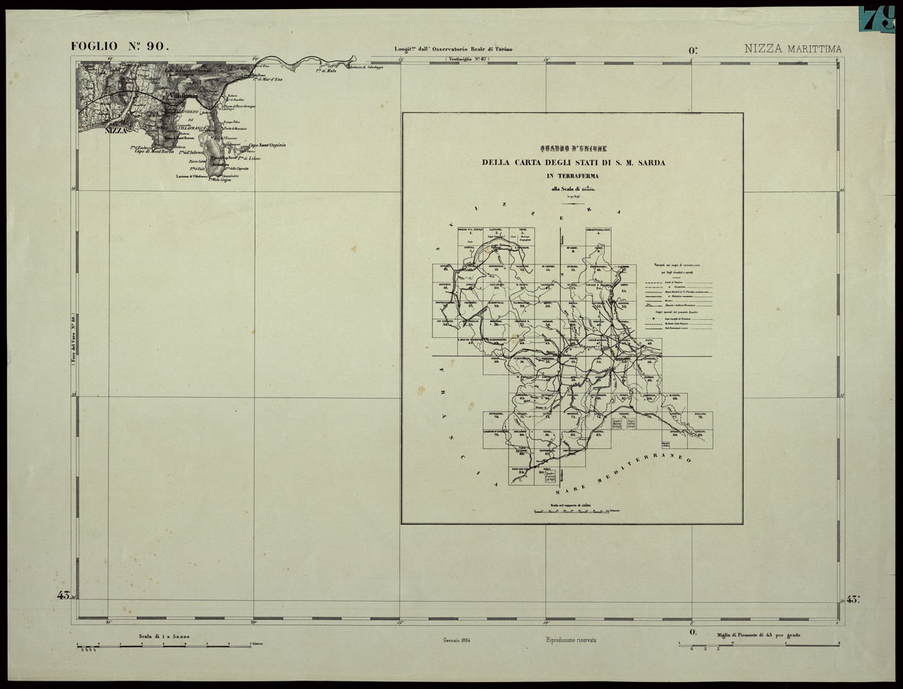 (N:24421) CARTA TOPOGRAFICA DEGLI STATI IN TERRAFERMA DI S.M. IL RE DI SARDEGNA ALLA SCALA DI 1.A 50.000. OPERA DEL CORPO REALE DELLO STATO MAGGIORE - FOGLIO N.90. NIZZA (CA003970) Carte e stampe antiche: riproduzione a colori su carta (formato A1)