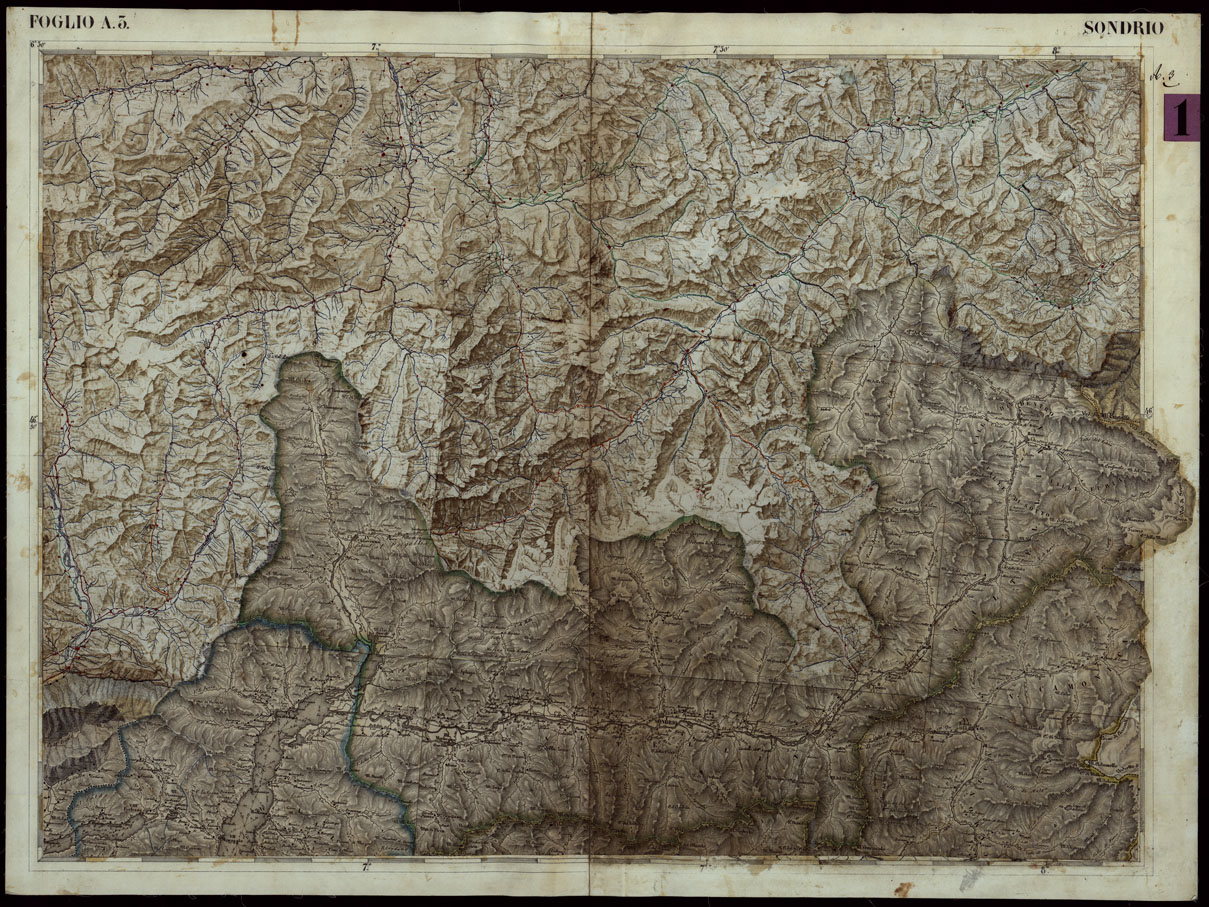 (N:105) CARTA COROGRAFICA DEI VERSANTI SETTENTRIONALI E MERIDIONALI DELLE ALPI RETICHE CARNICHE E GIULIE IN 25 FOGLI - FOGLIO A.3 SONDRIO (CA004001) Carte e stampe antiche: riproduzione a colori su carta (formato A1)