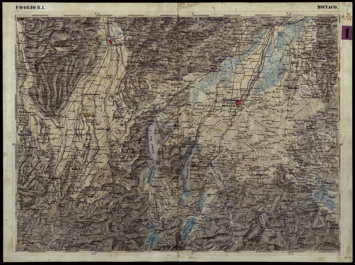 (N:108) CARTA COROGRAFICA DEI VERSANTI SETTENTRIONALI E MERIDIONALI DELLE ALPI RETICHE CARNICHE E GIULIE IN 25 FOGLI - FOGLIO B.1 MONACO (CA004004) Carte e stampe antiche: riproduzione a colori su carta (formato A1)