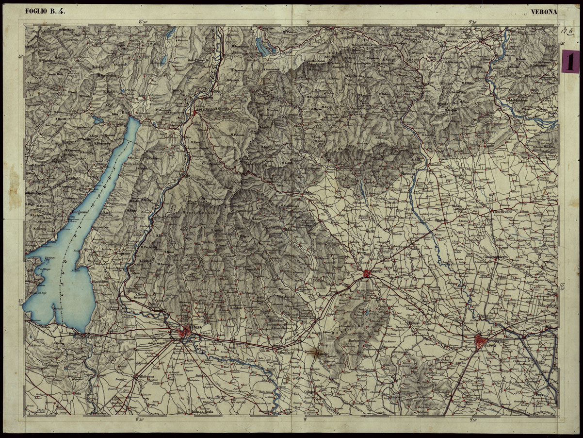 (N:111) CARTA COROGRAFICA DEI VERSANTI SETTENTRIONALI E MERIDIONALI DELLE ALPI RETICHE CARNICHE E GIULIE IN 25 FOGLI - FOGLIO B.4 VERONA (CA004007) Carte e stampe antiche: riproduzione a colori su carta (formato A1)
