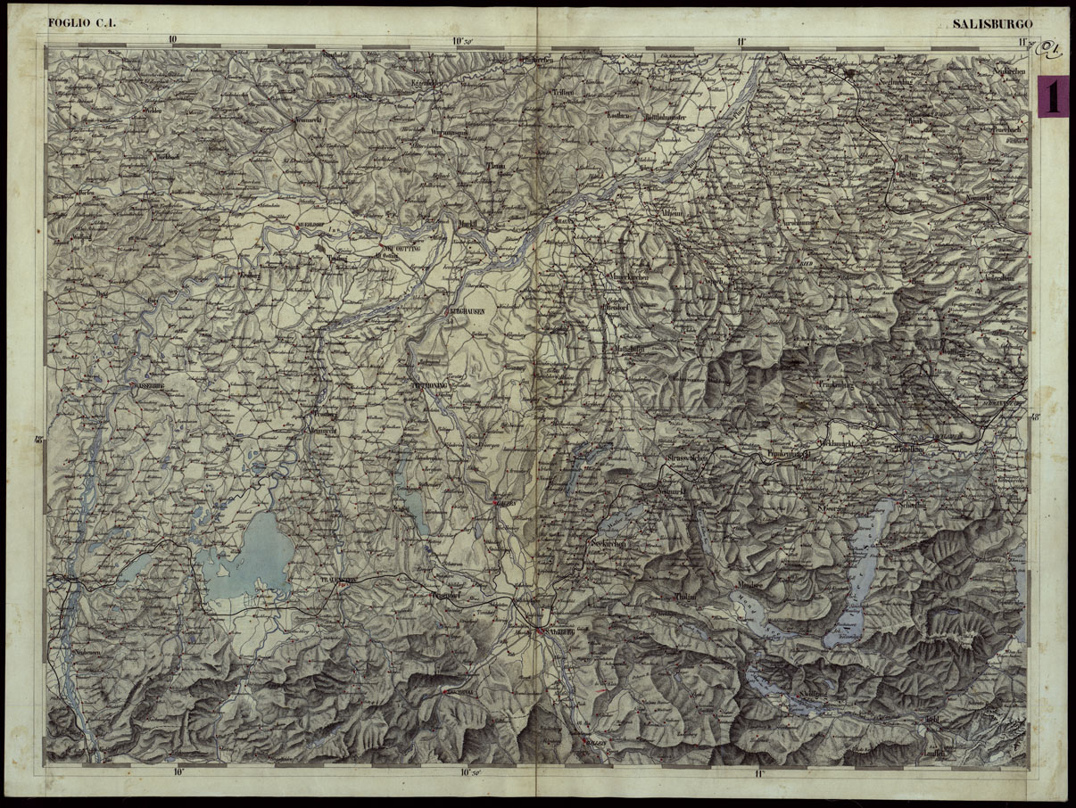 (N:113) CARTA COROGRAFICA DEI VERSANTI SETTENTRIONALI E MERIDIONALI DELLE ALPI RETICHE CARNICHE E GIULIE IN 25 FOGLI - FOGLIO C.1 SALISBURGO (CA004009) Carte e stampe antiche: riproduzione a colori su carta (formato A1)