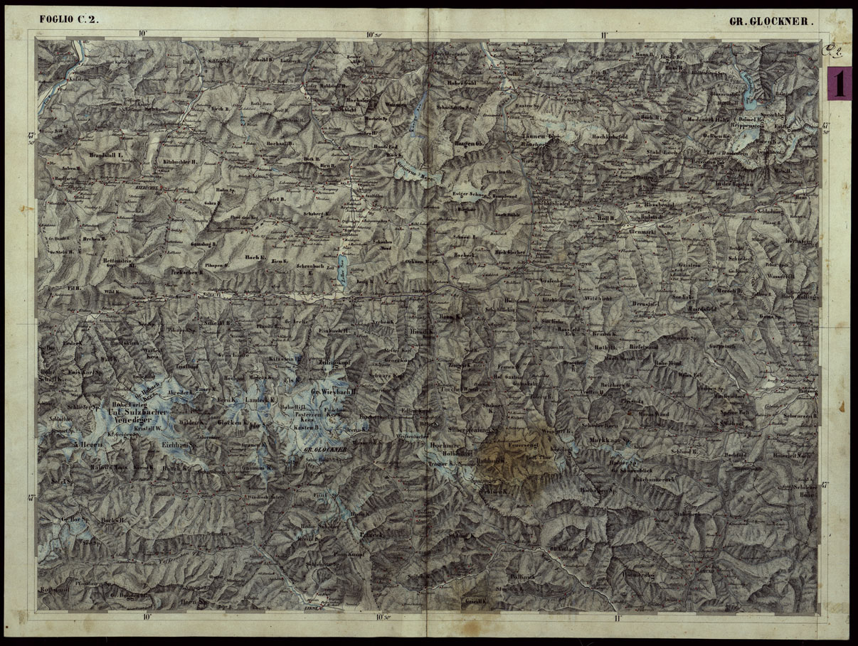 (N:114) CARTA COROGRAFICA DEI VERSANTI SETTENTRIONALI E MERIDIONALI DELLE ALPI RETICHE CARNICHE E GIULIE IN 25 FOGLI - FOGLIO C.2 GR. GLOCKNER (CA004010) Carte e stampe antiche: riproduzione a colori su carta (formato A1)