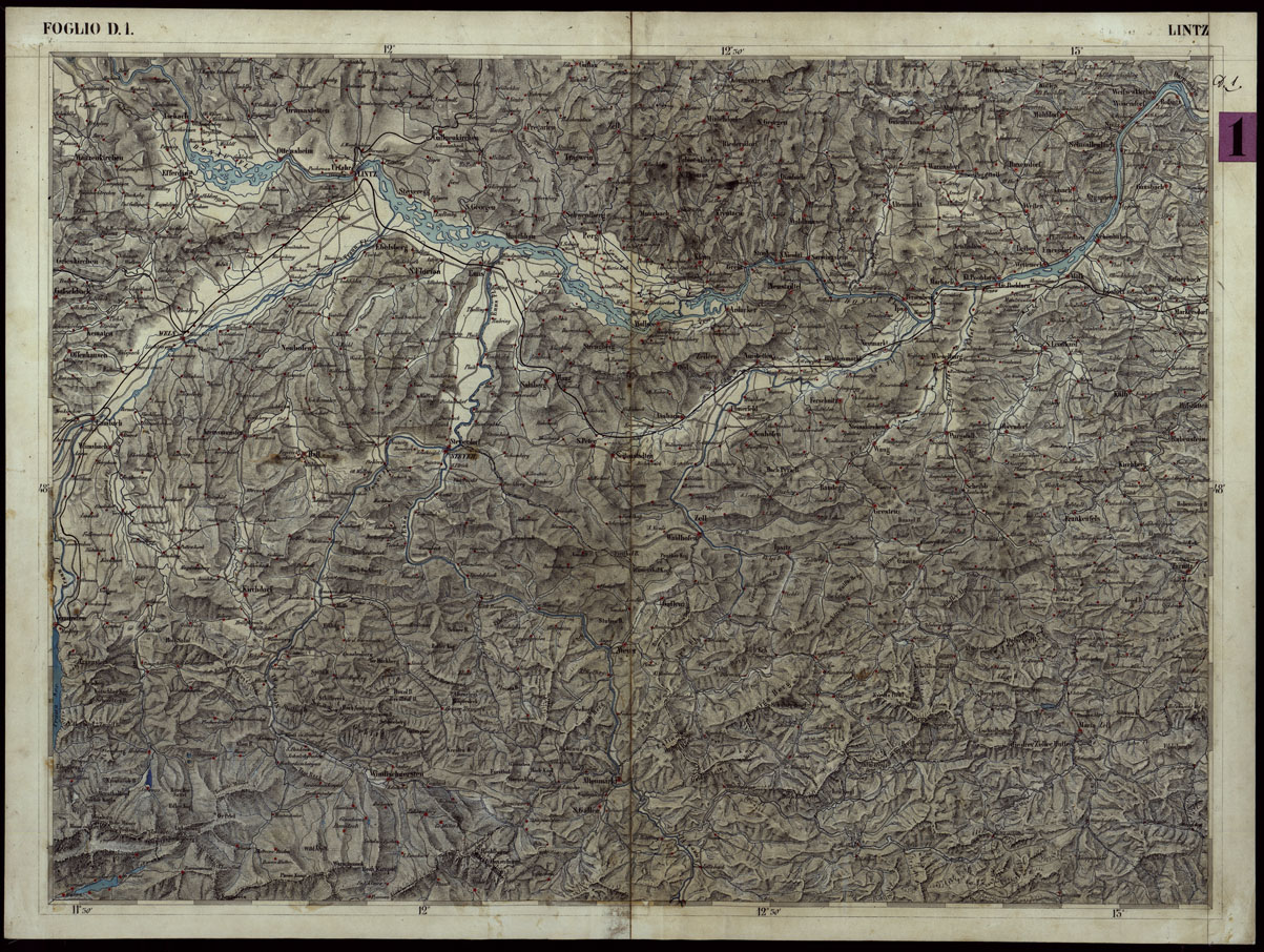 (N:118) CARTA COROGRAFICA DEI VERSANTI SETTENTRIONALI E MERIDIONALI DELLE ALPI RETICHE CARNICHE E GIULIE IN 25 FOGLI - FOGLIO D.1 LINTZ (CA004014) Carte e stampe antiche: riproduzione a colori su carta (formato A1)