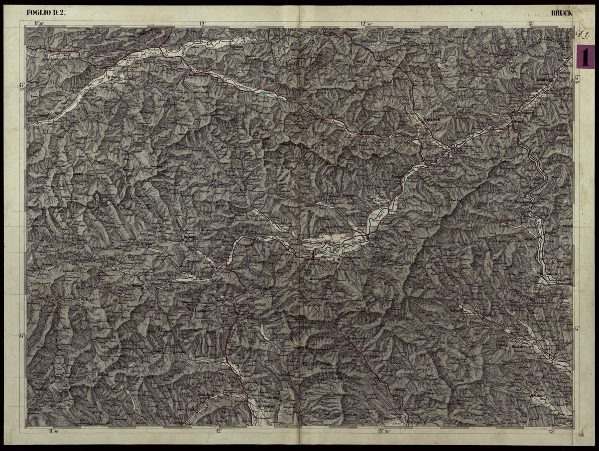 (N:119) CARTA COROGRAFICA DEI VERSANTI SETTENTRIONALI E MERIDIONALI DELLE ALPI RETICHE CARNICHE E GIULIE IN 25 FOGLI - FOGLIO D.2 BRUCK (CA004015) Carte e stampe antiche: riproduzione a colori su carta (formato A1)