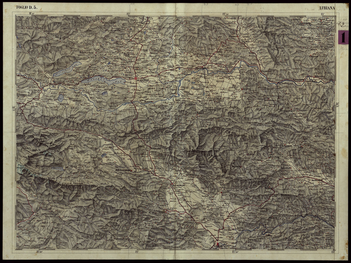(N:120) CARTA COROGRAFICA DEI VERSANTI SETTENTRIONALI E MERIDIONALI DELLE ALPI RETICHE CARNICHE E GIULIE IN 25 FOGLI - FOGLIO D.3 LUBIANA (CA004016) Carte e stampe antiche: riproduzione a colori su carta (formato A1)