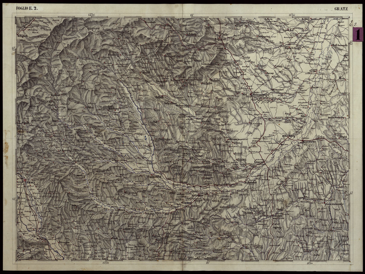 (N:124) CARTA COROGRAFICA DEI VERSANTI SETTENTRIONALI E MERIDIONALI DELLE ALPI RETICHE CARNICHE E GIULIE IN 25 FOGLI - FOGLIO E.2 GRATZ (CA004020) Carte e stampe antiche: riproduzione a colori su carta (formato A1)