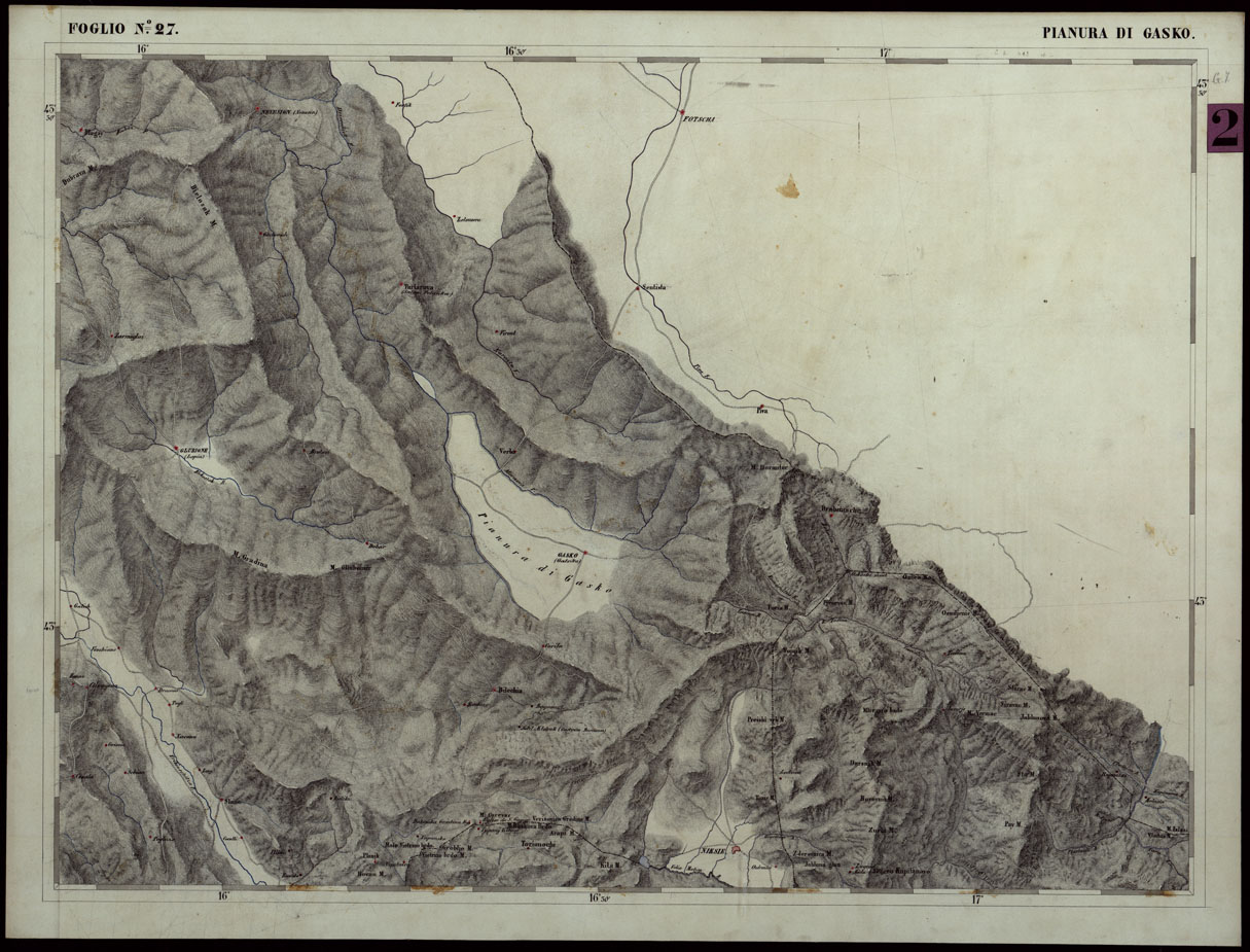 (N:24783) CARTA COROGRAFICA DEI VERSANTI SETTENTRIONALI E MERIDIONALI DELLE ALPI RETICHE, CARNICHE E GIULIE - Foglio 27 Pianura di Gasko (CA004034) Carte e stampe antiche: riproduzione a colori su carta (formato A1)