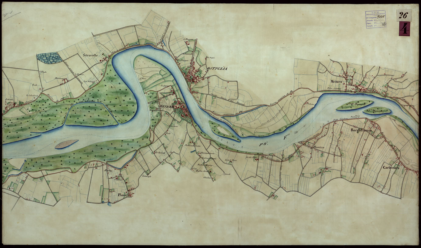 (N:9174) Corografia del fiume Po dalla confluenza del Ticino al Mare Adriatico, col riferimento ai fogli parziali della Carta Generale -Tavola 26 (CA004069) Carte e stampe antiche: riproduzione a colori su carta (formato A1)