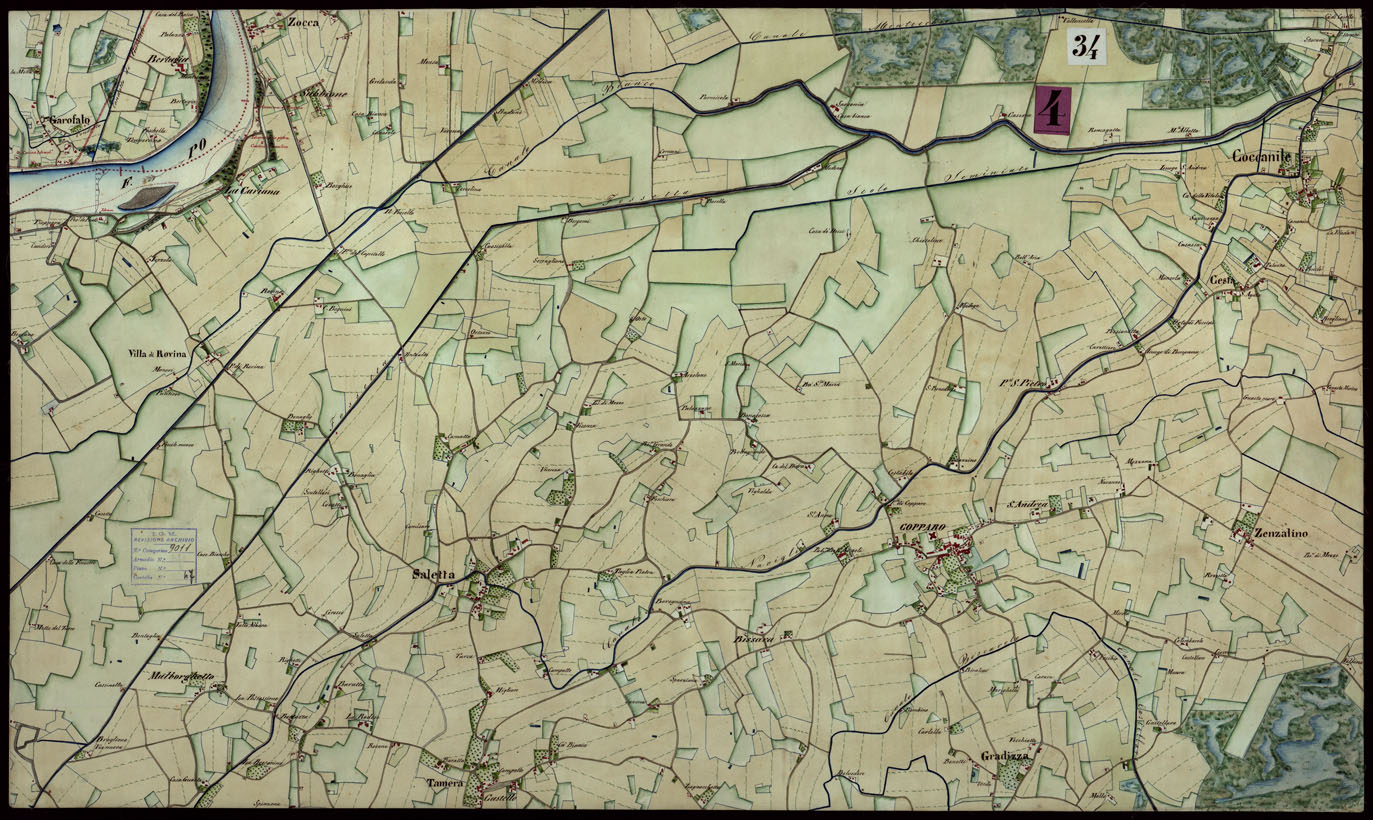 (N:9182) Corografia del fiume Po dalla confluenza del Ticino al Mare Adriatico, col riferimento ai fogli parziali della Carta Generale -Tavola 34 (CA004077) Carte e stampe antiche: riproduzione a colori su carta (formato A1)