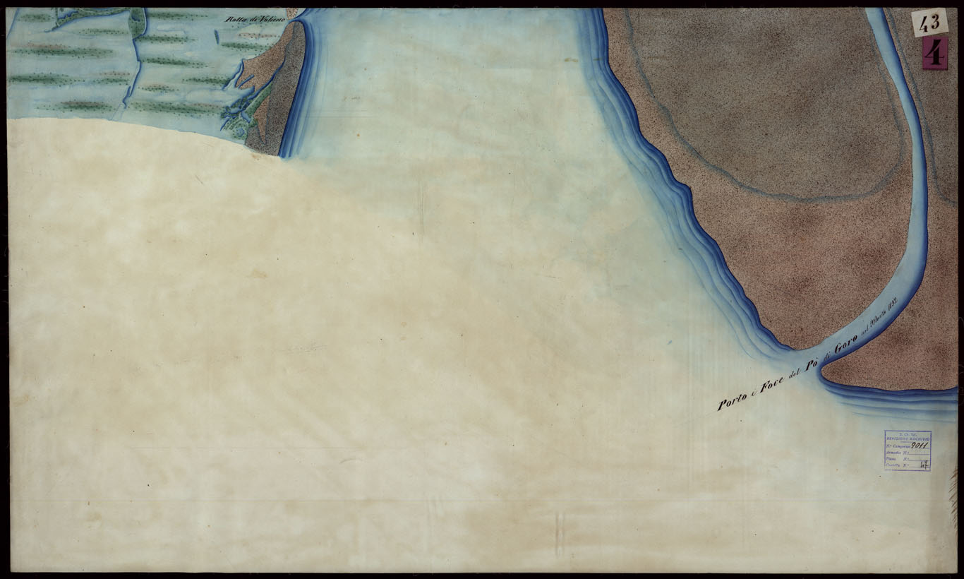 (N:9193) Corografia del fiume Po dalla confluenza del Ticino al Mare Adriatico, col riferimento ai fogli parziali della Carta Generale -Tavola 43 (CA004086) Carte e stampe antiche: riproduzione a colori su carta (formato A1)
