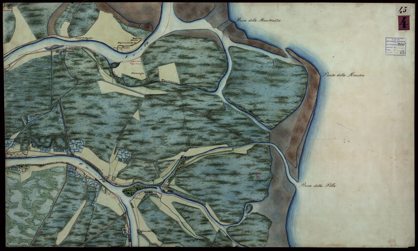 (N:9195) Corografia del fiume Po dalla confluenza del Ticino al Mare Adriatico, col riferimento ai fogli parziali della Carta Generale -Tavola 45 (CA004088) Carte e stampe antiche: riproduzione a colori su carta (formato A1)