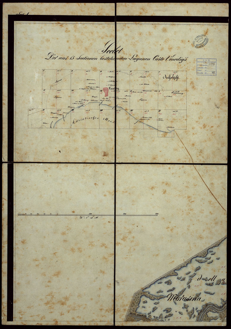 (N:1805) PLAN DER SEE-STADT ADT UND FESTUNG VENEDIG SAMMT HREN LAGUNEN UND DEM DIESE UMGEBEN DEN FESTEN LANDE VON DER MUNDUNG DER ETSCHRIS ZU JENER DER PIAVE. + CENNI SULLA COSTRUZIONE DELLA CARTA ANNO 1849 - FOGLIO 1 + QUADRO ED'UNIONE (CA004138) Carte e stampe antiche: riproduzione a colori su carta (formato A1)