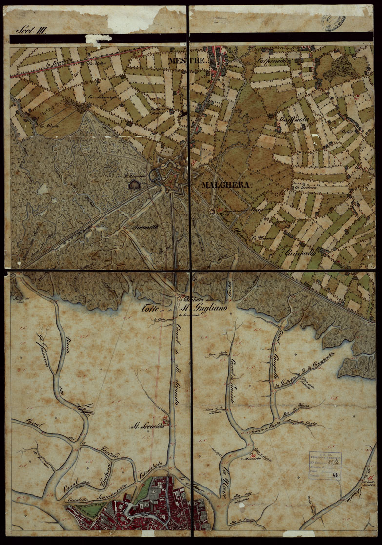 (N:1830) PLAN DER SEE-STADT ADT UND FESTUNG VENEDIG SAMMT HREN LAGUNEN UND DEM DIESE UMGEBEN DEN FESTEN LANDE VON DER MUNDUNG DER ETSCHRIS ZU JENER DER PIAVE. + CENNI SULLA COSTRUZIONE DELLA CARTA ANNO 1849 - FOGLIO 5 (CA004142) Carte e stampe antiche: riproduzione a colori su carta (formato A1)