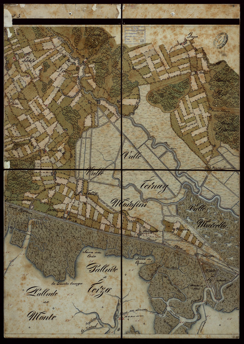 (N:1831) PLAN DER SEE-STADT ADT UND FESTUNG VENEDIG SAMMT HREN LAGUNEN UND DEM DIESE UMGEBEN DEN FESTEN LANDE VON DER MUNDUNG DER ETSCHRIS ZU JENER DER PIAVE. + CENNI SULLA COSTRUZIONE DELLA CARTA ANNO 1849 - FOGLIO 6 (CA004143) Carte e stampe antiche: riproduzione a colori su carta (formato A1)